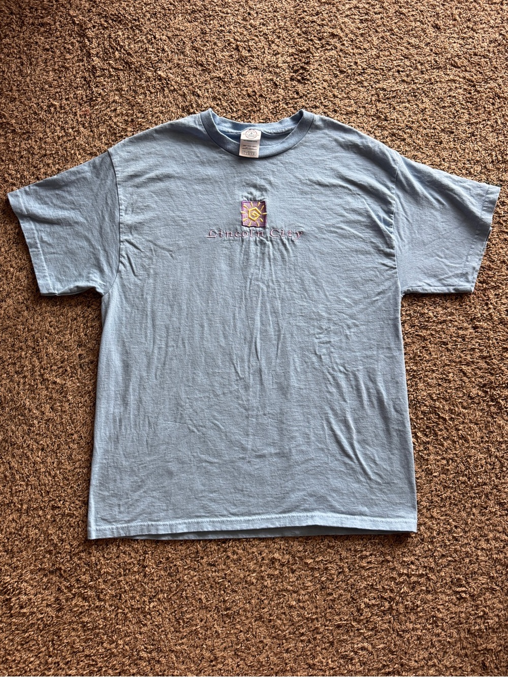 Lincoln City Oregon Embroidered Coastal Light Blue Cotton T-shirt Women Large